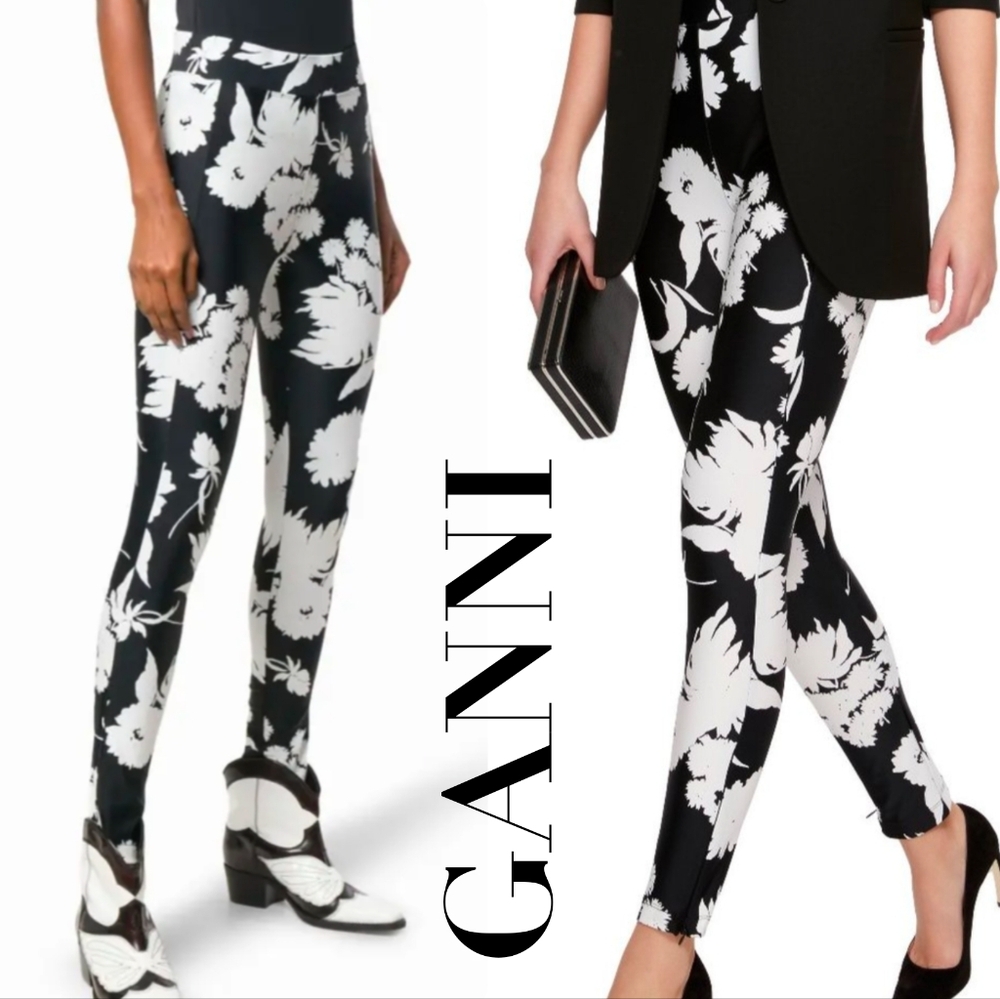 GANNI Alameda Floral Black White Zip Ankle Printed High Rise Leggings Size 34
